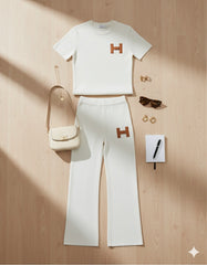 AD Leisure Fashion Alphabet Embroidered Sweater and Wide Leg Pants Set Two Piece Set in white