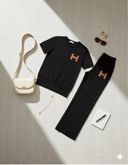 AD Leisure Fashion Alphabet Embroidered Sweater and Wide Leg Pants Set Two Piece Set in Black