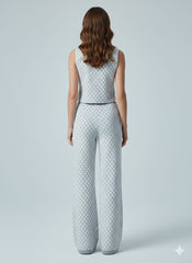 ADL High-End Knitted Top & Wide Leg Pant 2 Pcs Set in Gray.