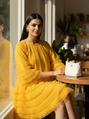 AD Knee Length Long Sleeve Mesh Ruffles Hem Dress for Women in Yellow