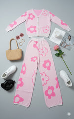 ADL High Quality Floral Pattern V-Neck Knitted 2 piece Set Women Wide-Leg in Pink
