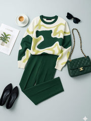 AD Cosy Contrast Colour Printed Knitted 2 pieces Women Pant set in army green
