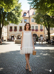 AD Knee Length Sleeveless Mesh Ruffles Hem Dress for Women in White