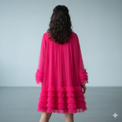 AD Knee Length Long Sleeve Mesh Ruffles Hem Dress for Women in Pink