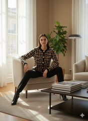 AD Vintage Geometric Pattern Women Slim Cardigan in Brown