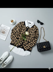 AD Vintage Geometric Pattern Women Slim Cardigan in Brown