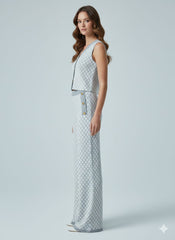 ADL High-End Knitted Top & Wide Leg Pant 2 Pcs Set in Gray.