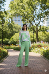 ADL Cosy Contrast Colour Printed Knitted 2 pieces Women Pant set in Teal