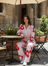 ADL High Quality Floral Pattern V-Neck Knitted 2 piece Set Women Wide-Leg in Red