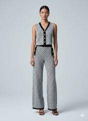 ADL High-End Knitted Top & Wide Leg Pant 2 Pcs Set in Black.