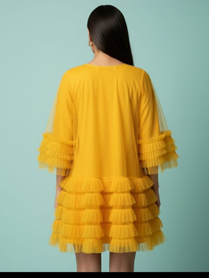 AD Knee Length Long Sleeve Mesh Ruffles Hem Dress for Women in Yellow
