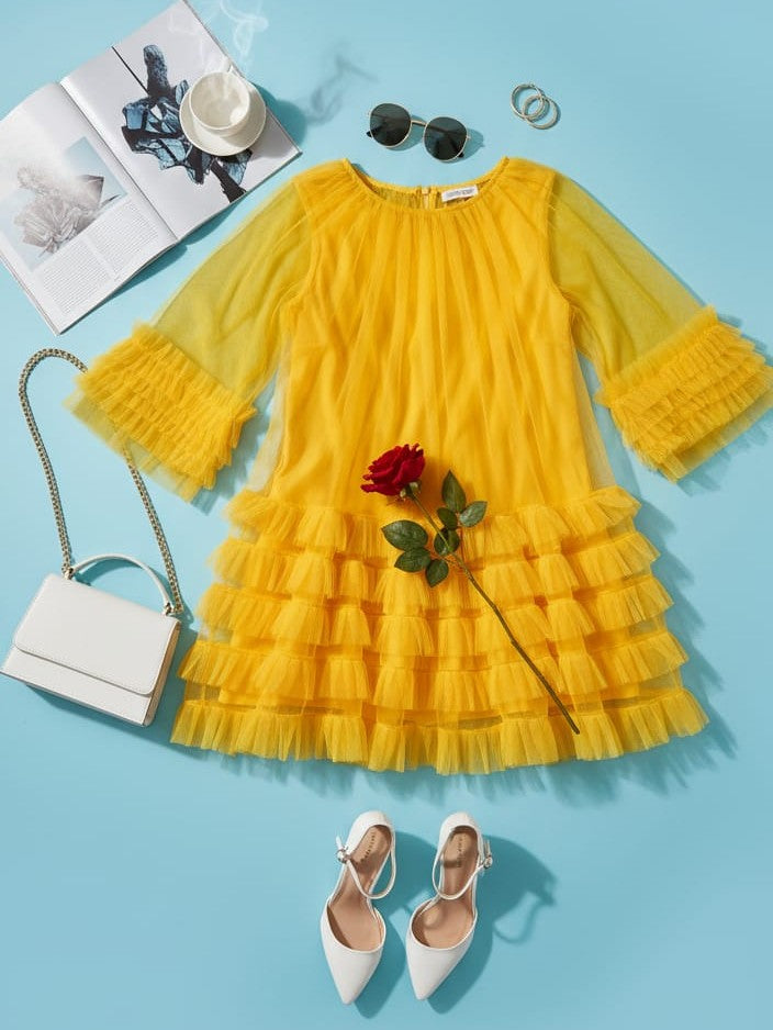 AD Knee Length Long Sleeve Mesh Ruffles Hem Dress for Women in Yellow