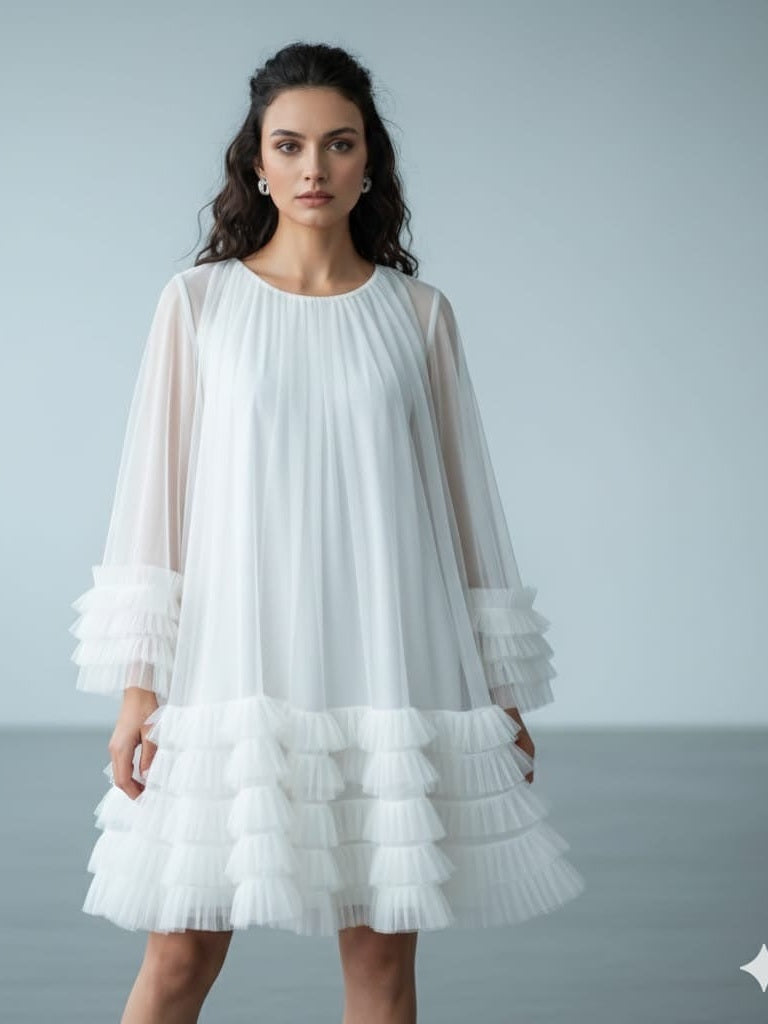 AD Knee Length Long Sleeve Mesh Ruffles Hem Dress for Women in White