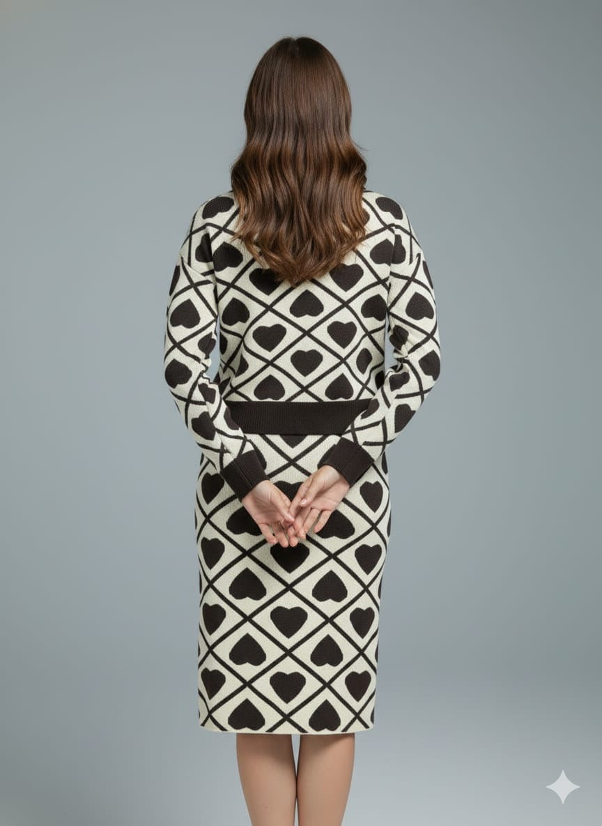 ADL Fashionable Knitted Heart Patterns  Long Sleeve 2 Pcs Set