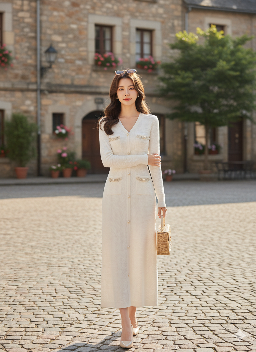 AD Elegant V-neck Knitted Bodycon Dress in White