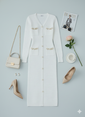 AD Elegant V-neck Knitted Bodycon Dress in White