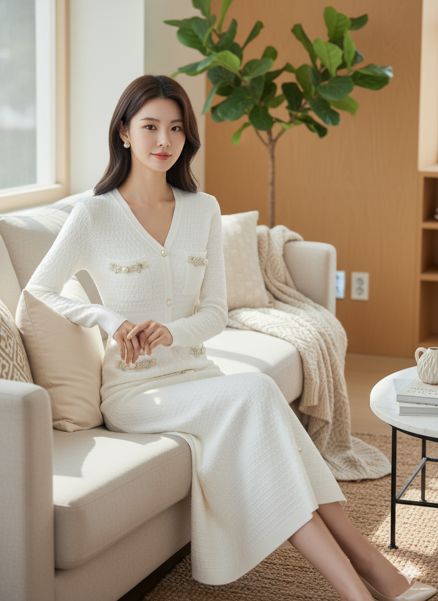 AD Elegant V-neck Knitted Bodycon Dress in White