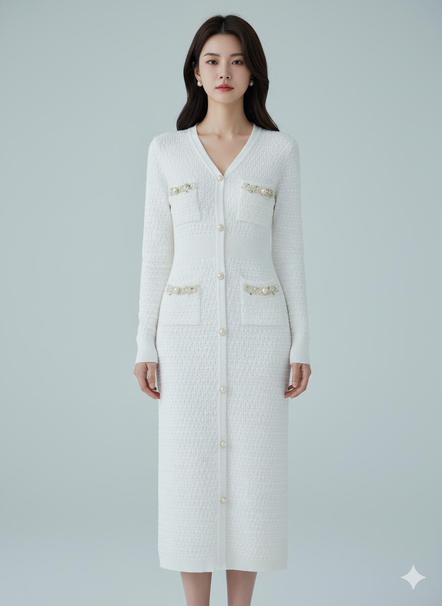 AD Elegant V-neck Knitted Bodycon Dress in White