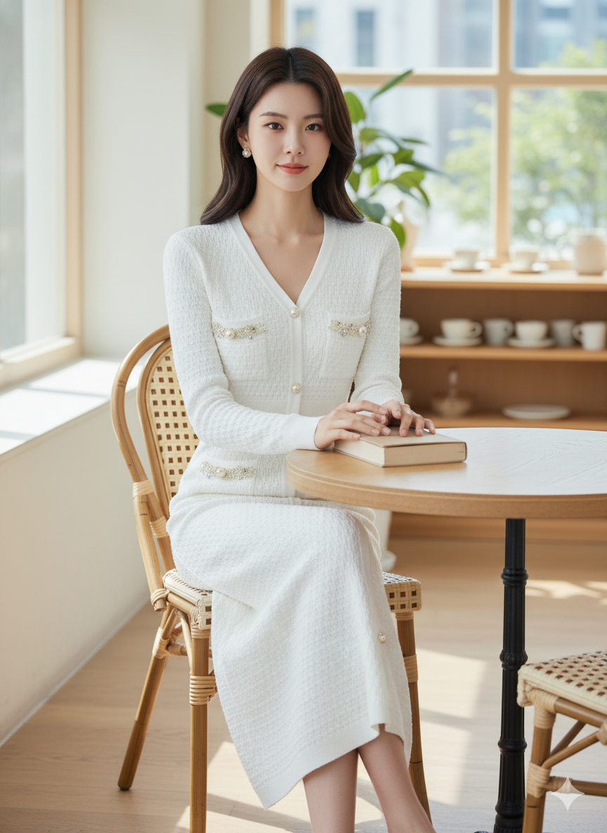 AD Elegant V-neck Knitted Bodycon Dress in White