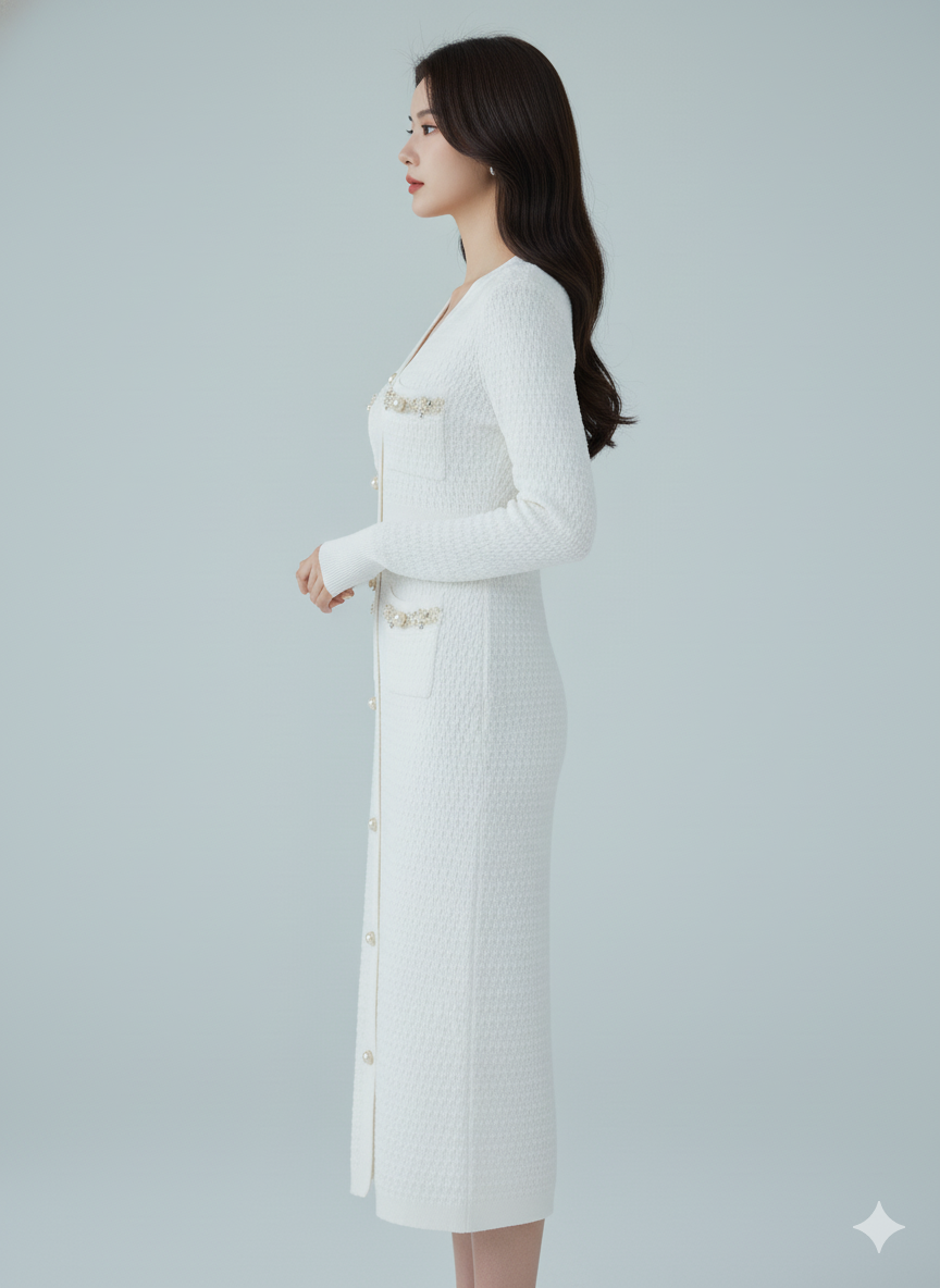 AD Elegant V-neck Knitted Bodycon Dress in White