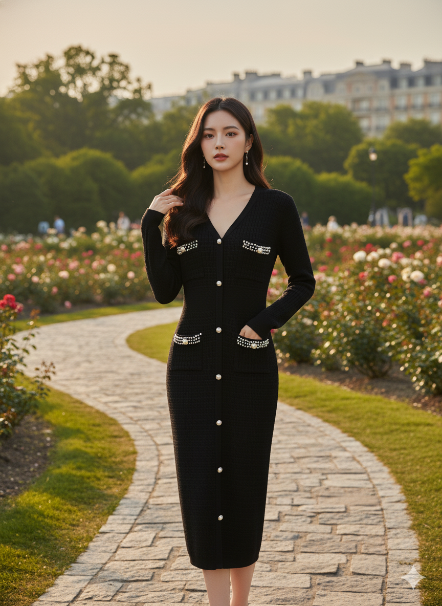 AD Elegant V-neck Knitted  Bodycon Dress in Black