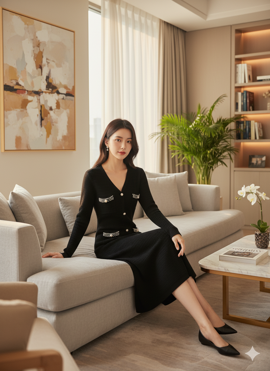 AD Elegant V-neck Knitted  Bodycon Dress in Black