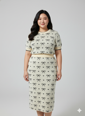 AD Unique Bow Printed Knit Bodycon 2 Pcs Set