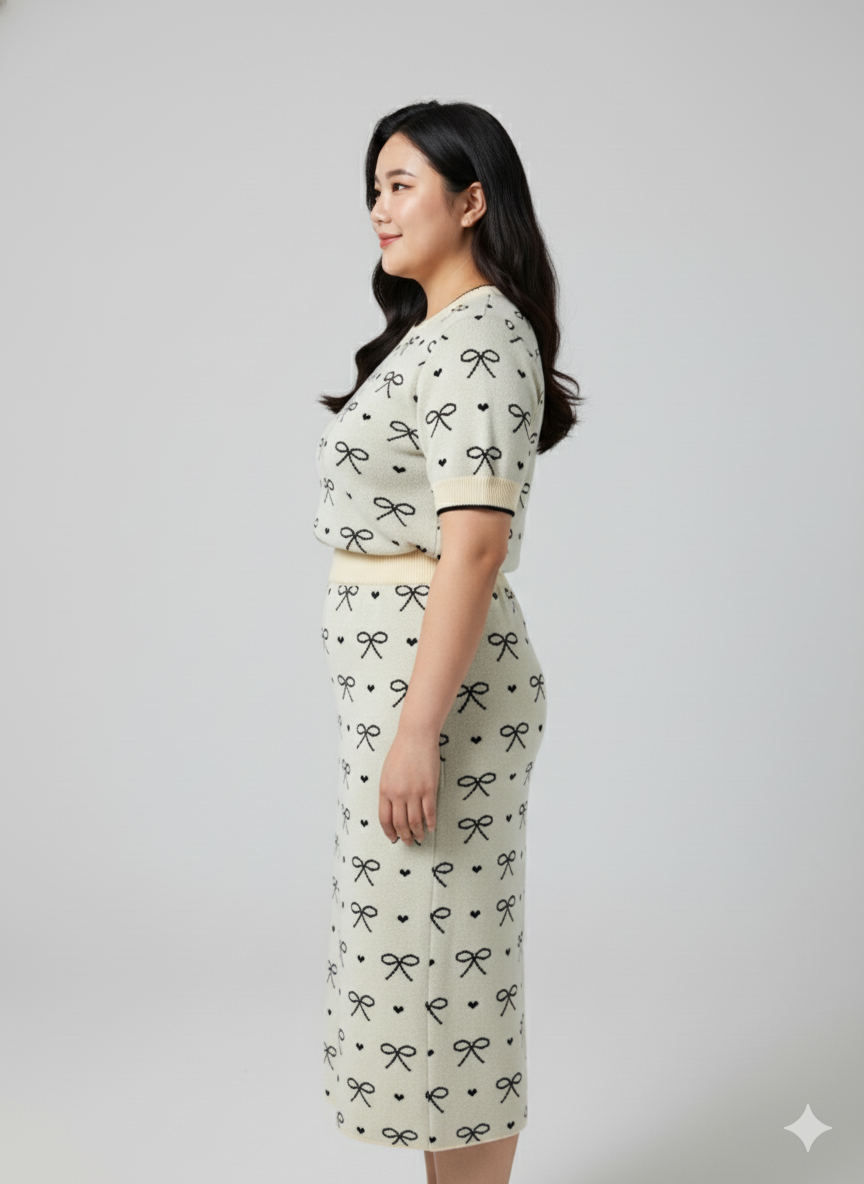 AD Unique Bow Printed Knit Bodycon 2 Pcs Set