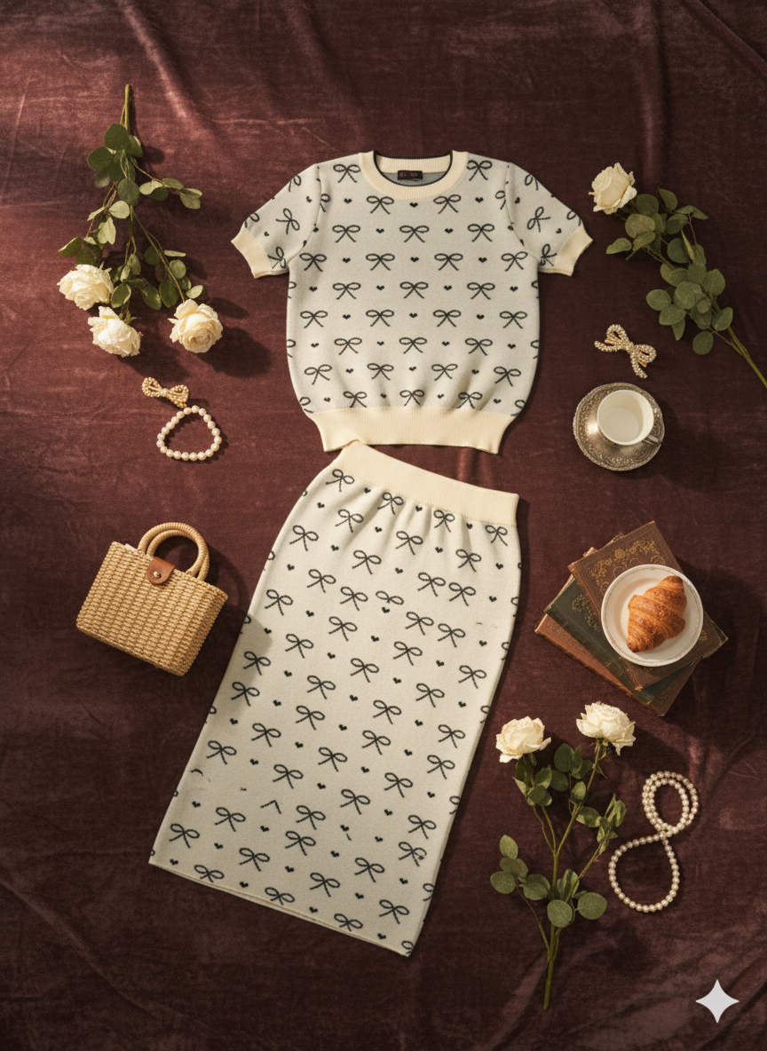 AD Unique Bow Printed Knit Bodycon 2 Pcs Set