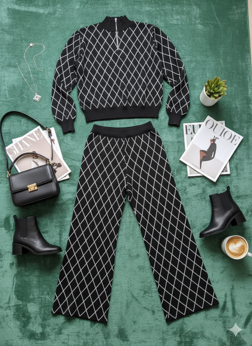 AD Casual Checker Pullover Sweater and Pant Set