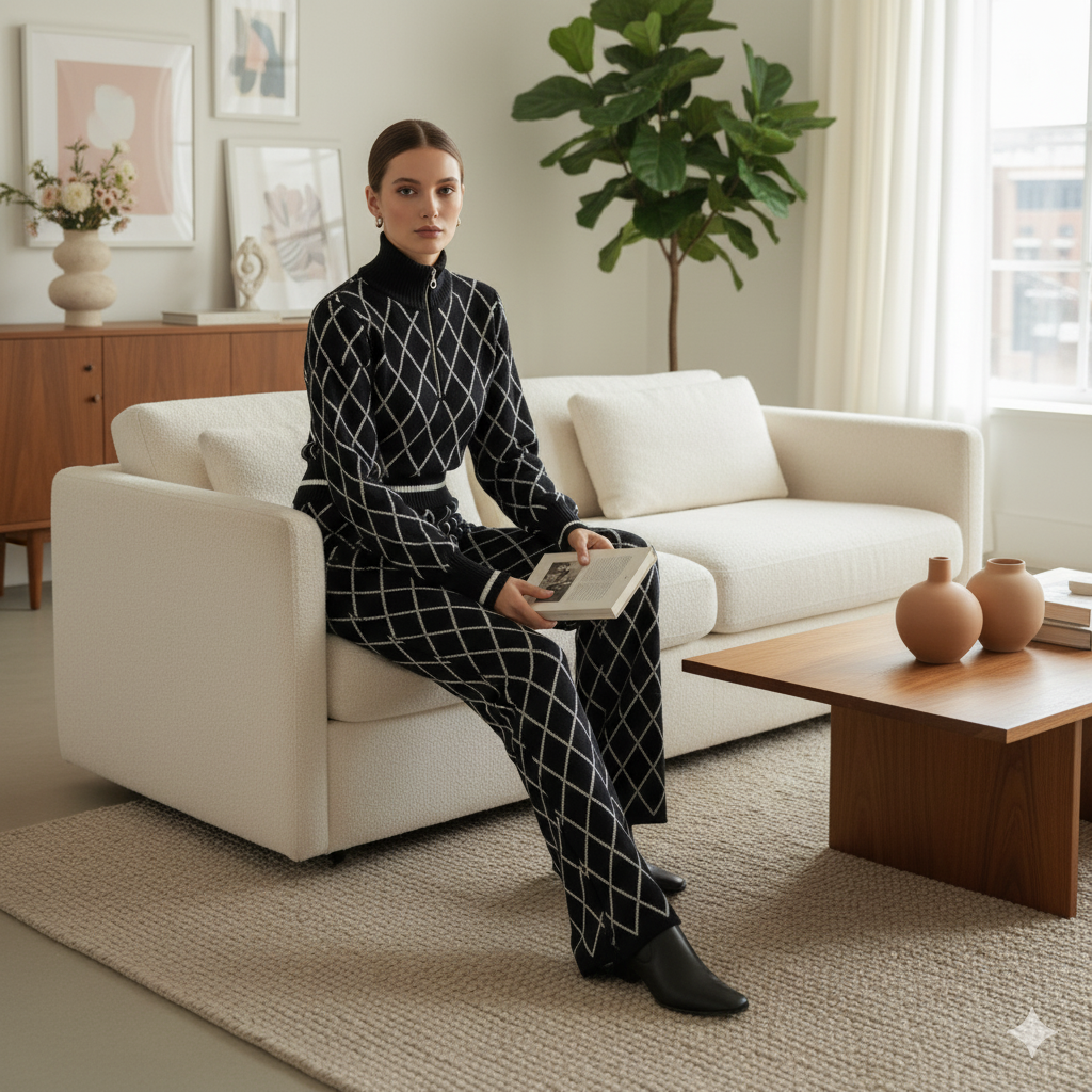 AD Casual Checker Pullover Sweater and Pant Set