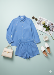 AD  Newsta Diamond Modern Women's Long Sleeve Shorts 2 Pcs Set in Blue