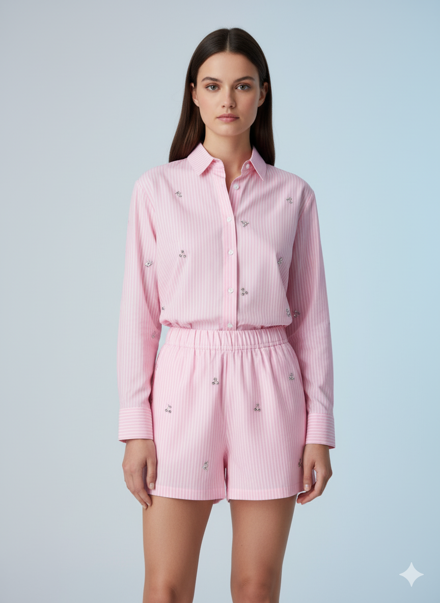 AD  Newsta Diamond Modern Women's Long Sleeve Shorts 2 Pcs Set in Pink