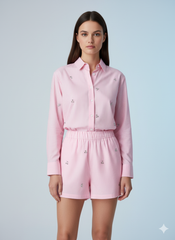 AD  Newsta Diamond Modern Women's Long Sleeve Shorts 2 Pcs Set in Pink