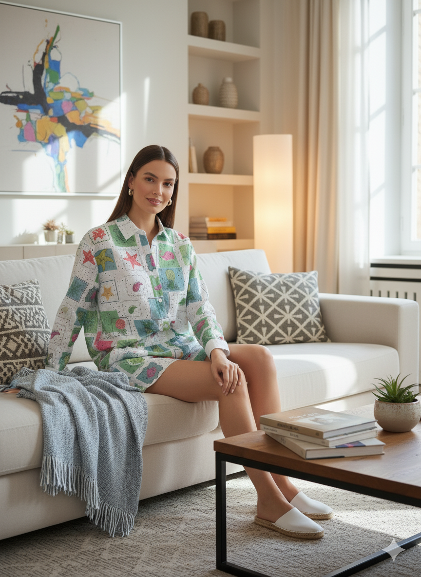 ADLUXE Multicolored Patterned Lacy Coordinate Short 2 Pcs Set in green