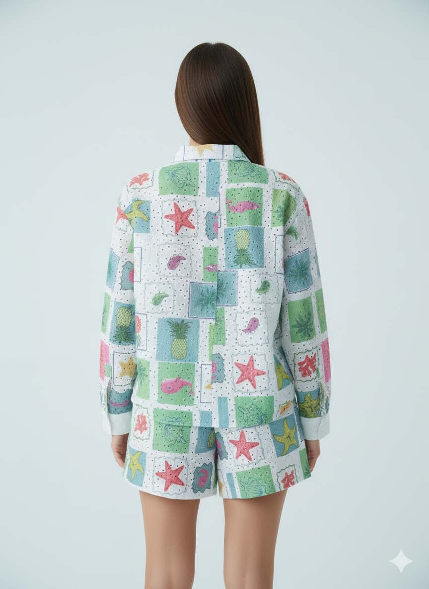 ADLUXE Multicolored Patterned Lacy Coordinate Short 2 Pcs Set in green