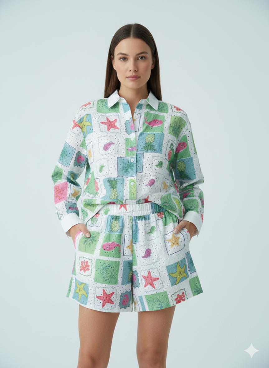 ADLUXE Multicolored Patterned Lacy Coordinate Short 2 Pcs Set in green