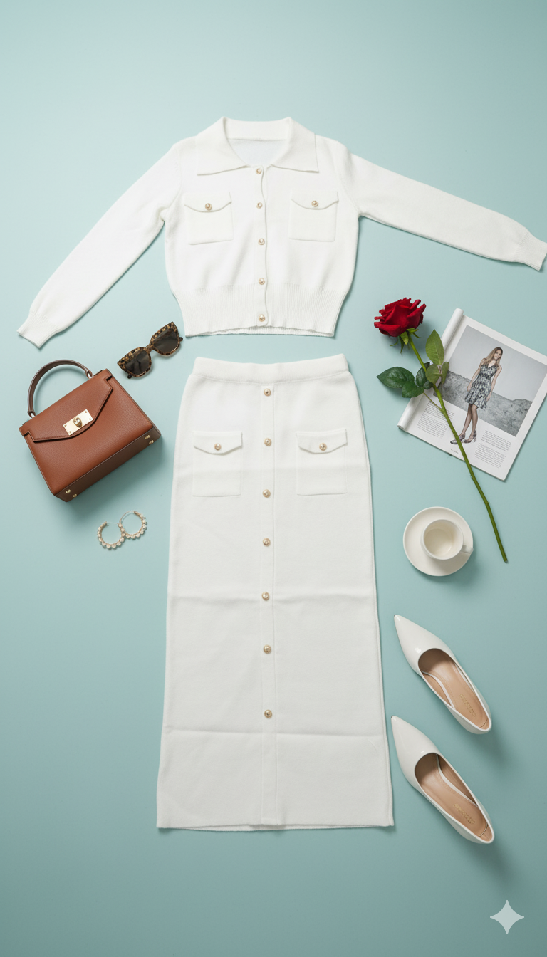 AD  Knitted Women Elegant Collared Button Up Cardigan Sweater and Midi Skirt 2 Pcs Set in White