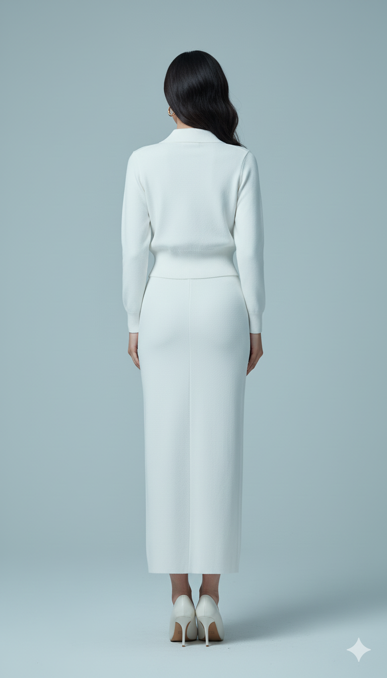 AD  Knitted Women Elegant Collared Button Up Cardigan Sweater and Midi Skirt 2 Pcs Set in White