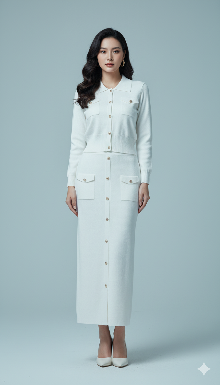 AD  Knitted Women Elegant Collared Button Up Cardigan Sweater and Midi Skirt 2 Pcs Set in White