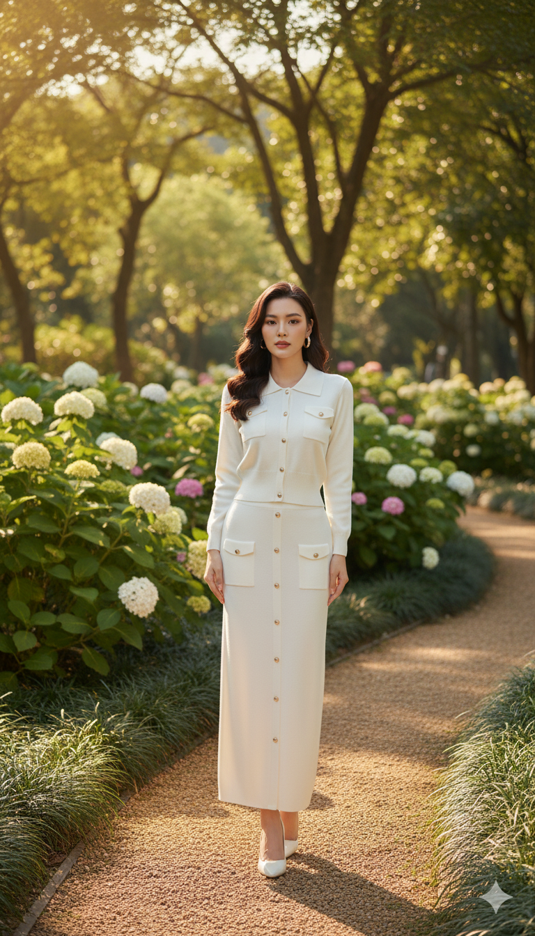 AD  Knitted Women Elegant Collared Button Up Cardigan Sweater and Midi Skirt 2 Pcs Set in White