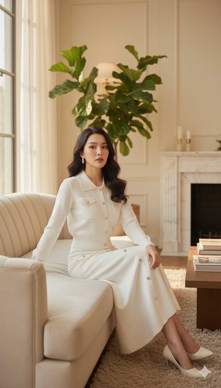 AD  Knitted Women Elegant Collared Button Up Cardigan Sweater and Midi Skirt 2 Pcs Set in White