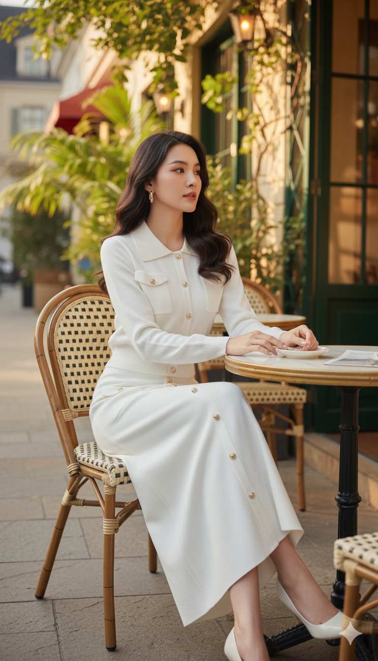 AD  Knitted Women Elegant Collared Button Up Cardigan Sweater and Midi Skirt 2 Pcs Set in White