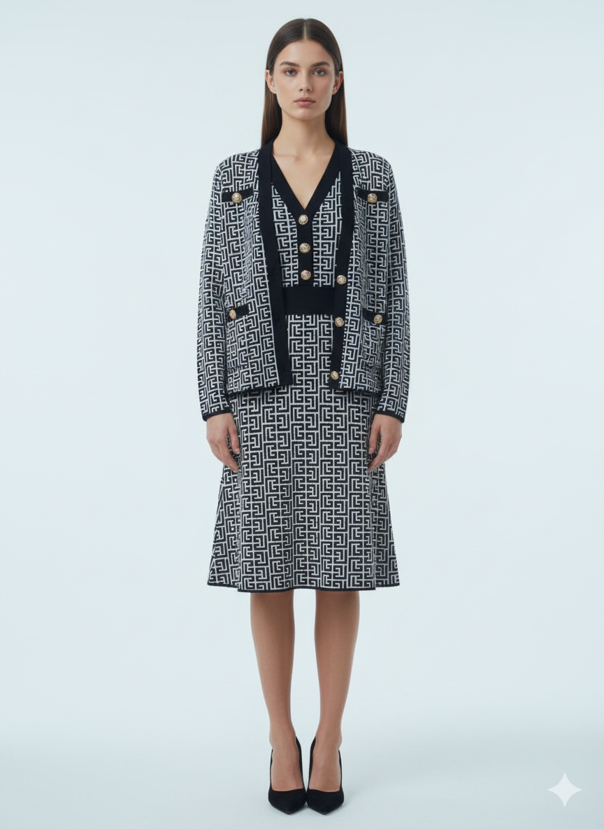 AD V-Neck Sleeveless Dress and Tup Cardigan 2 Pcs Set