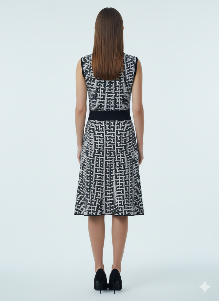 AD V-Neck Sleeveless Dress and Tup Cardigan 2 Pcs Set