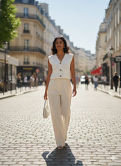 ADL Crop Women's Knit Vest Cardigan With Large Gold Button in Pure White