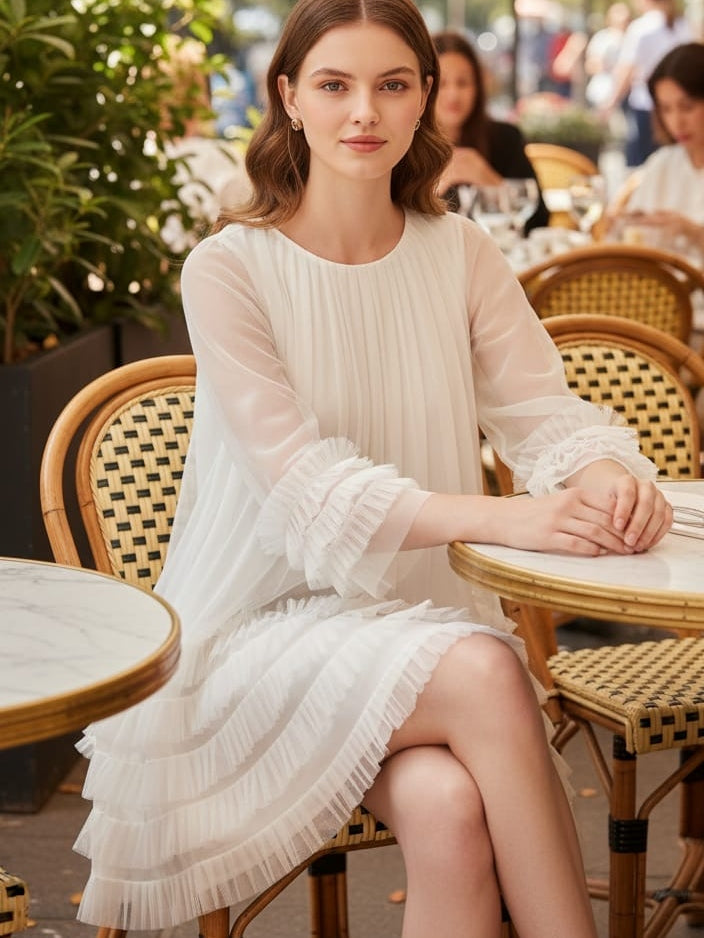 AD Knee Length Long Sleeve Mesh Ruffles Hem Dress for Women in White