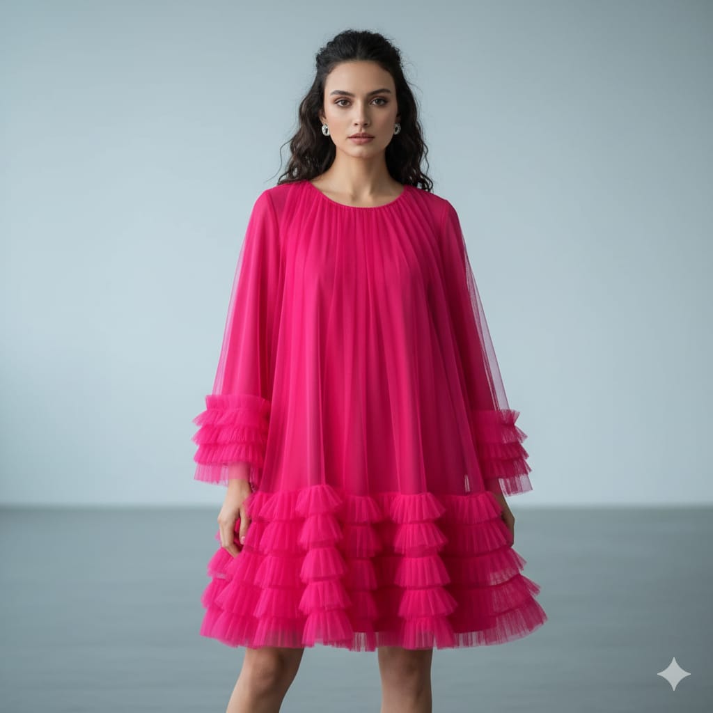 AD Knee Length Long Sleeve Mesh Ruffles Hem Dress for Women in Pink