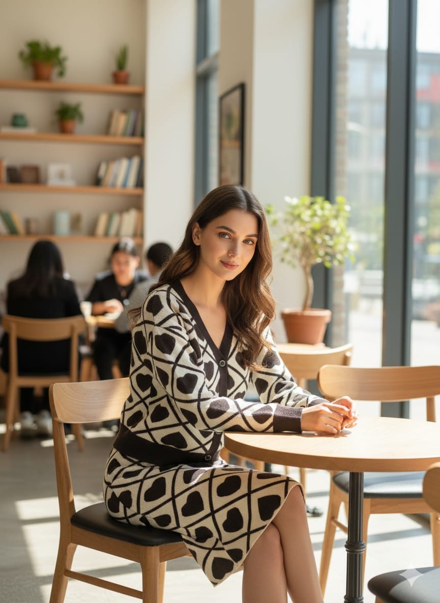 ADL Fashionable Knitted Heart Patterns  Long Sleeve 2 Pcs Set