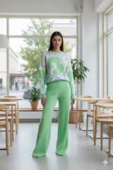 ADL Cosy Contrast Colour Printed Knitted 2 pieces Women Pant set in Teal